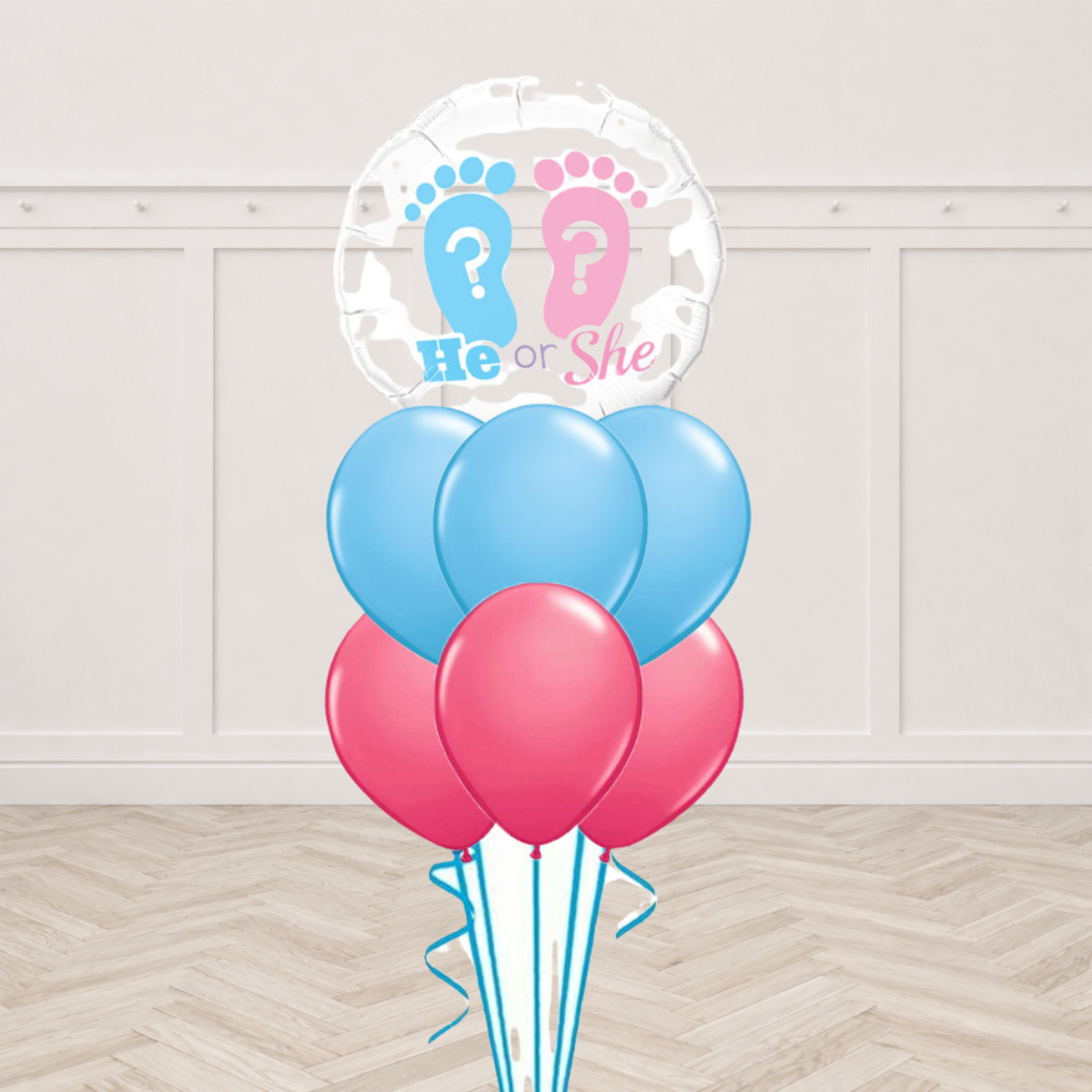 He or She gender reveal round foil balloon with blue and pink latex balloons