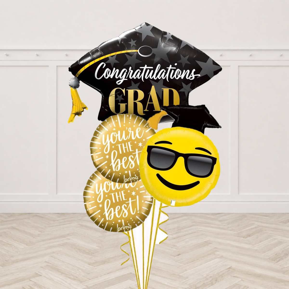 Congratulations Grad cap foil balloon with sunglasses emoji foil balloon and You're the Best round foil balloons
