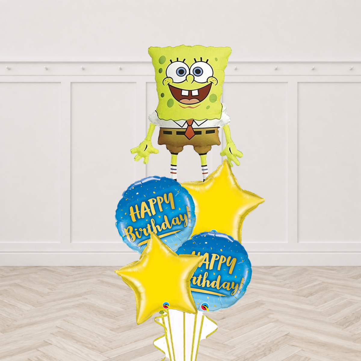 SpongeBob figure foil balloon with yellow star foil balloons and Happy Birthday round foil balloons