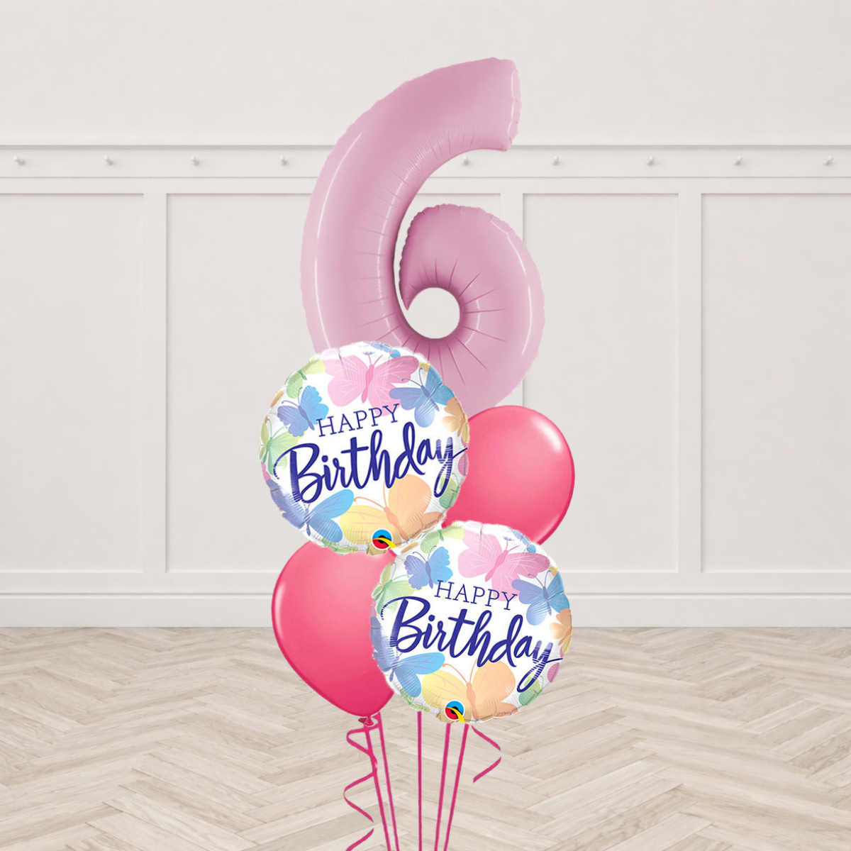 Number 6 foil balloon with butterfly Happy Birthday round foil balloons and dark pink latex balloons