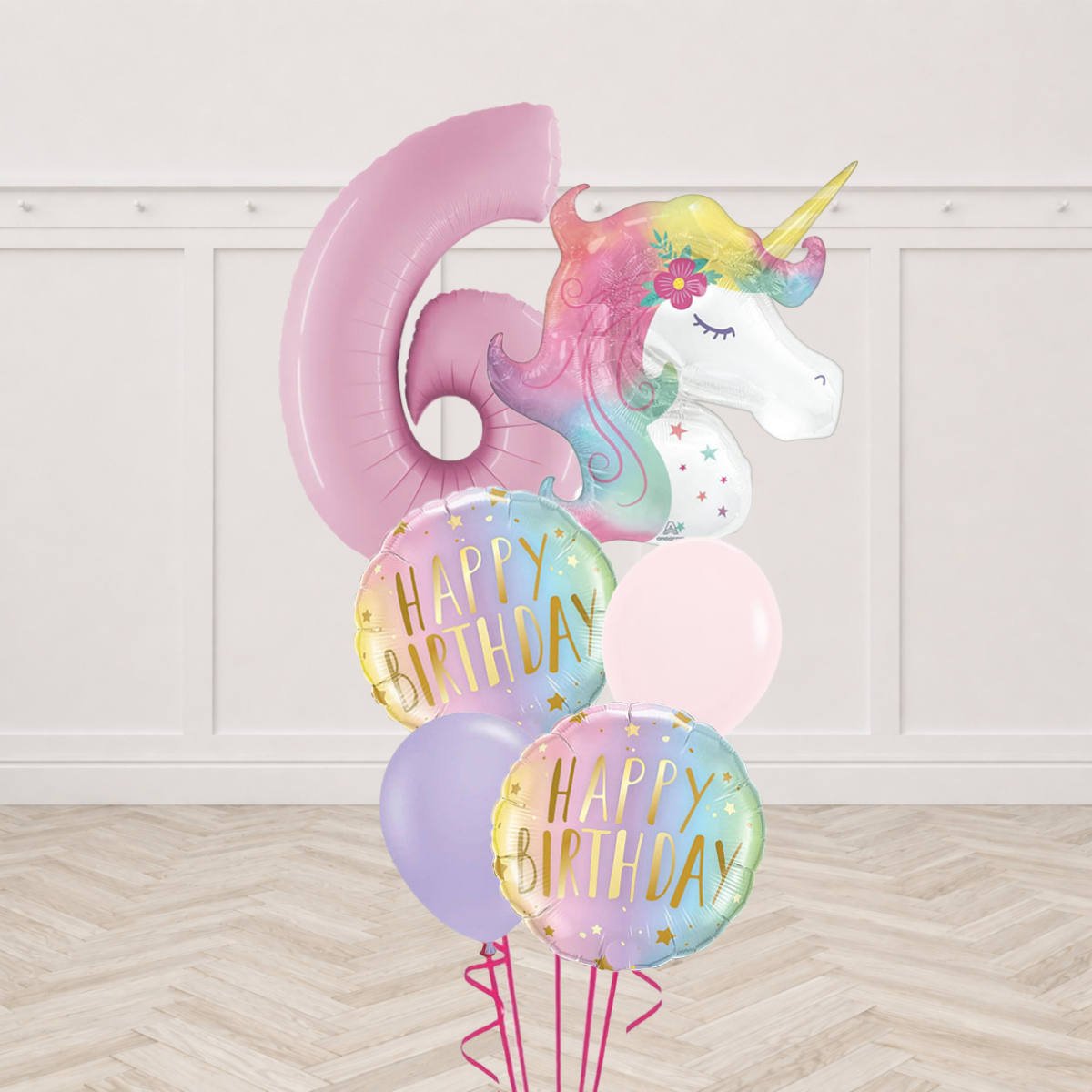 Number 6 foil balloon with unicorn head foil balloon and pastel Happy Birthday round foil balloons