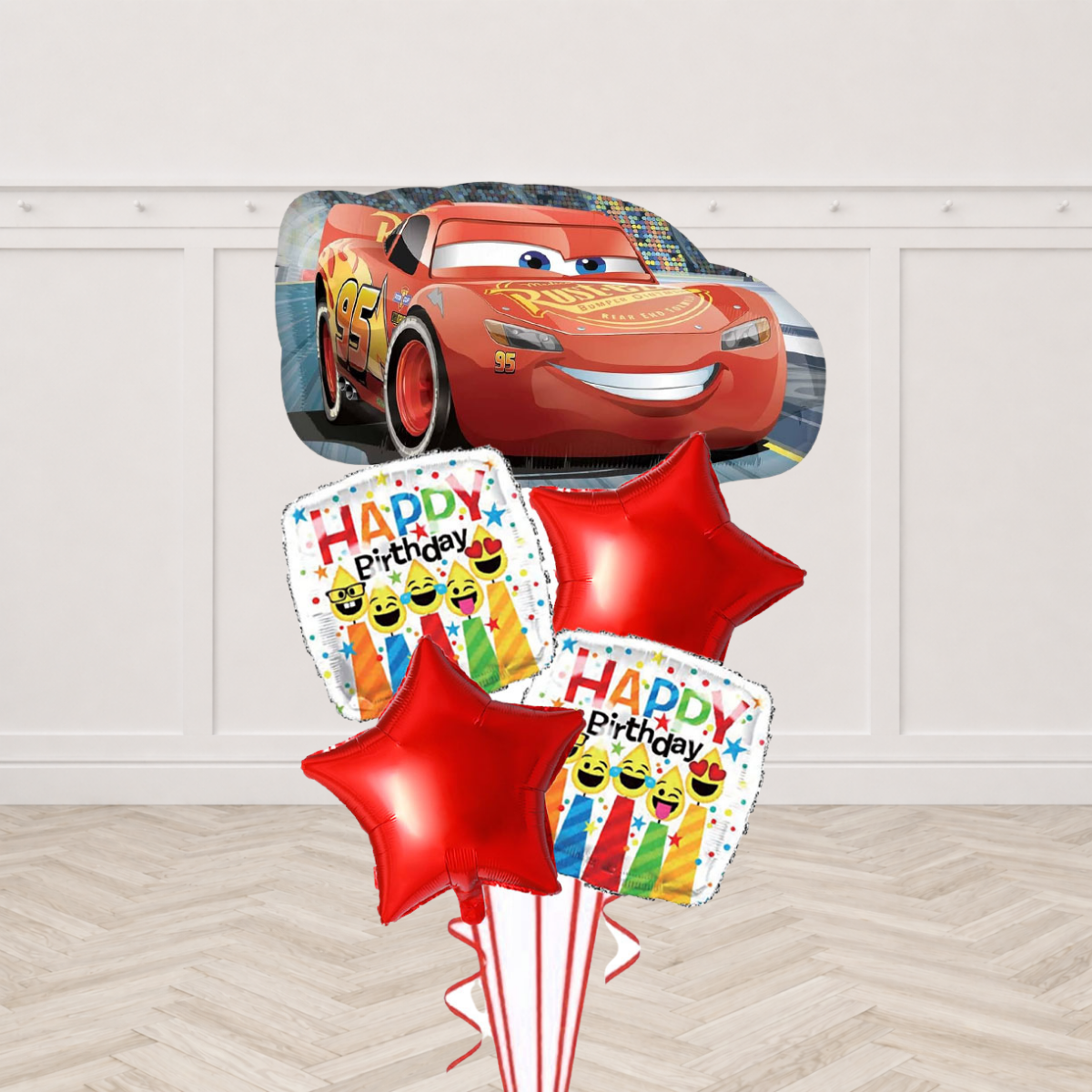Lightning McQueen car foil balloon with red star foil balloons and emoji Happy Birthday square foil balloons