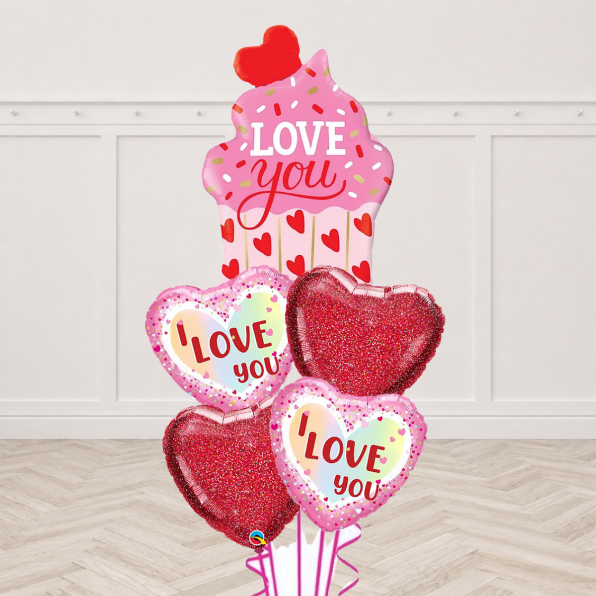 Pink cupcake Love You foil balloon with I Love You heart foil balloons and red glitter heart foil balloons