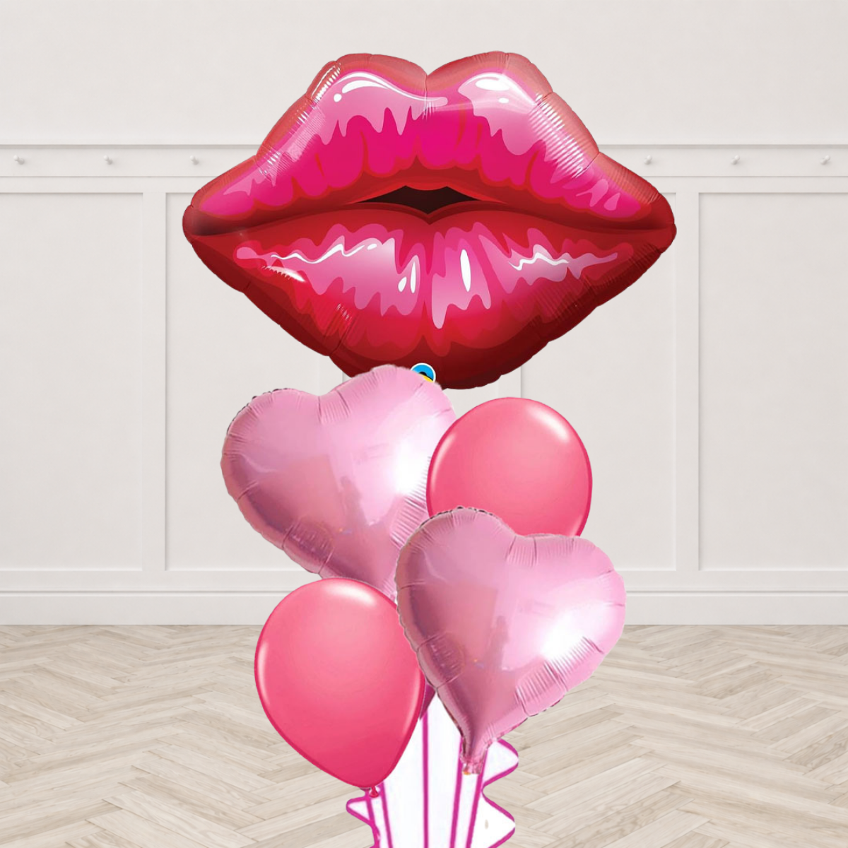 Pink kissy lips foil balloon with pink heart foil balloons and dark pink latex balloons