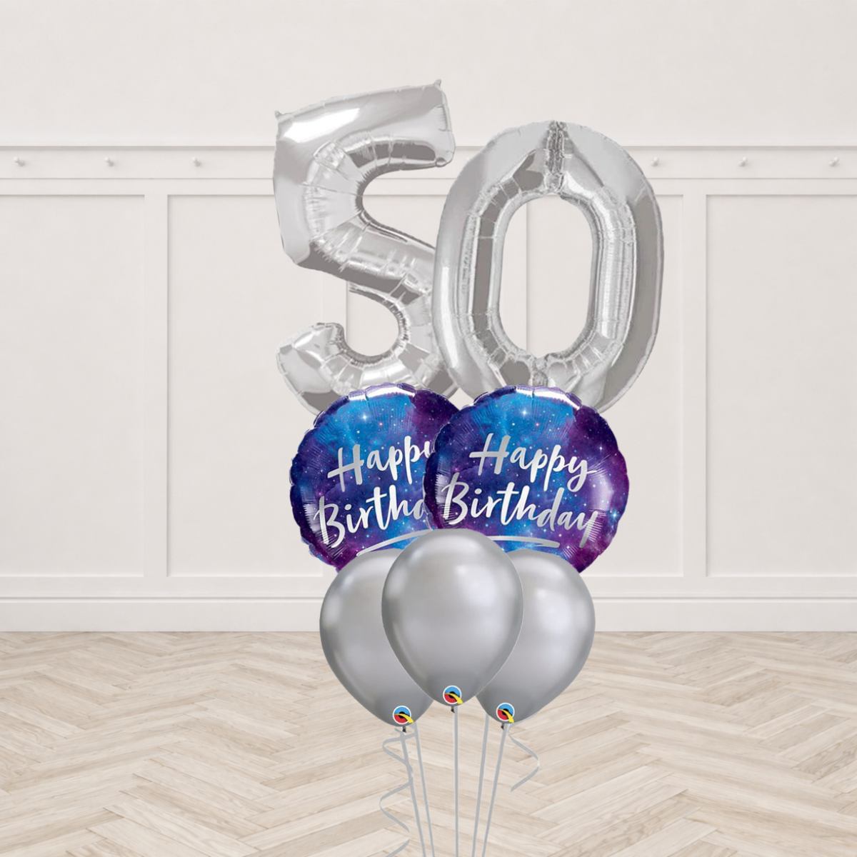 Two silver number foil balloons with two galaxy Happy Birthday round foils and three silver chrome latex balloons