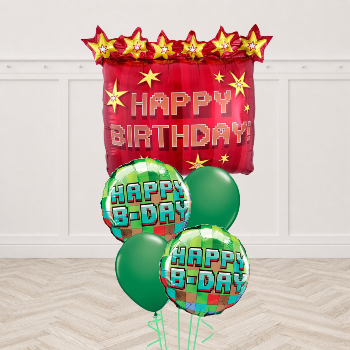 Red pixel Happy Birthday square foil balloon with a star garland, two green pixel Happy B-Day round foils and two green latex balloons