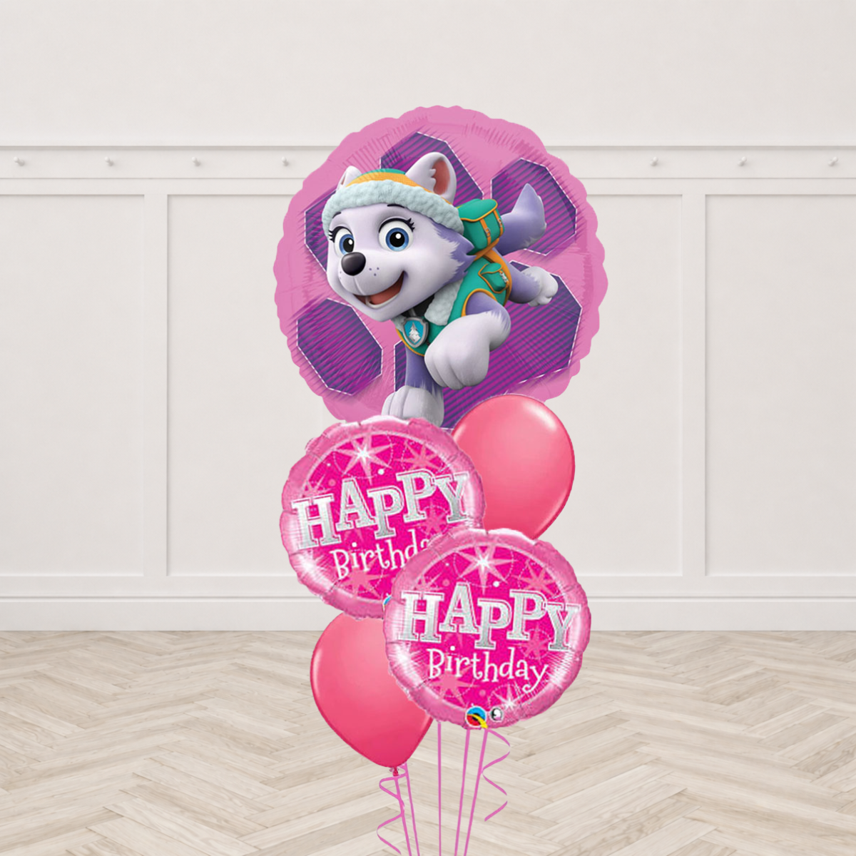 Paw Patrol Everest character round foil balloon with two pink sparkle Happy Birthday round foils and two pink latex balloons
