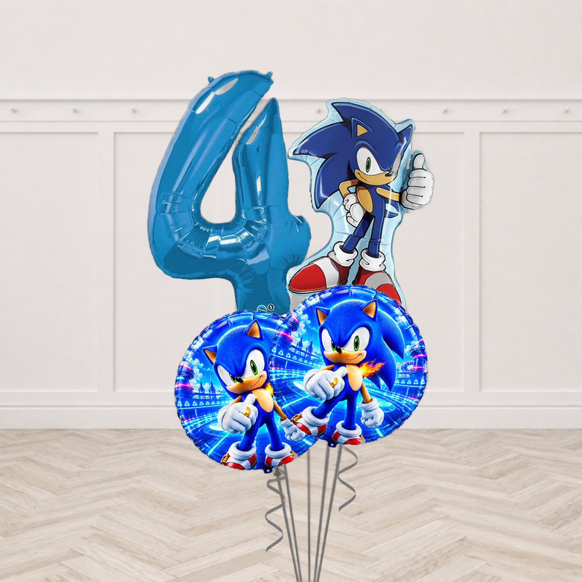 Sonic the Hedgehog balloon bouquet with blue number foil balloon, Sonic shaped balloon and two round Sonic print balloons