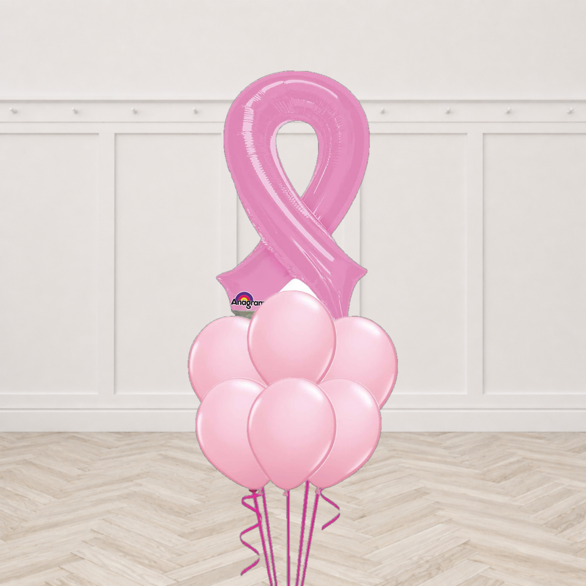 Pink breast cancer awareness ribbon foil balloon with six round pale pink latex balloons