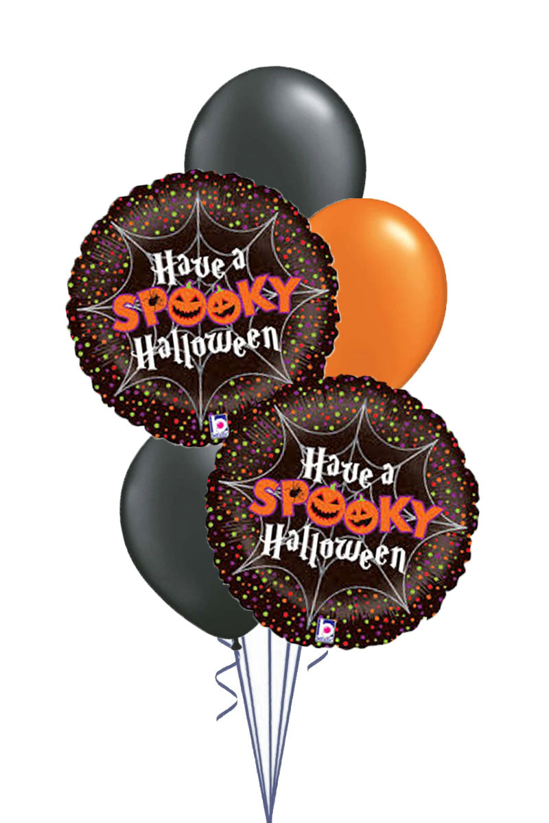 Halloween balloon bouquet with two foil balloons printed Have a Spooky Halloween and black and orange latex balloons