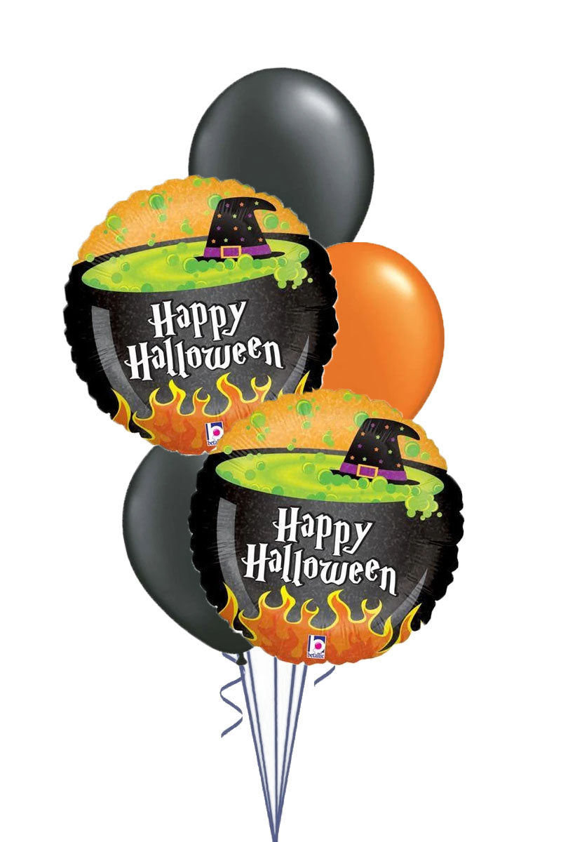 Halloween balloon bouquet with two witch cauldron foil balloons printed Happy Halloween and black and orange latex balloons