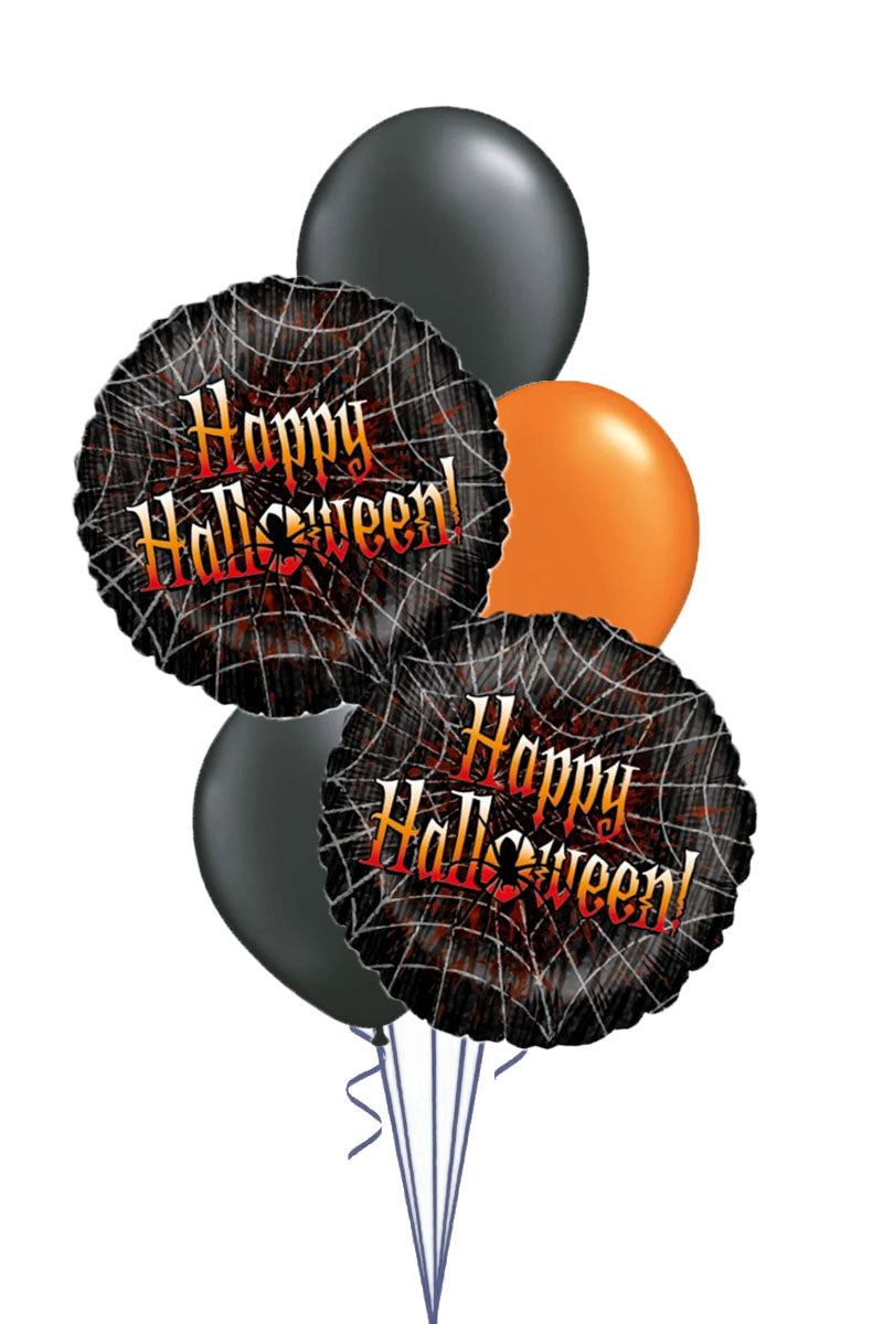 Halloween balloon bouquet with two spiderweb foil balloons printed Happy Halloween and black and orange latex balloons