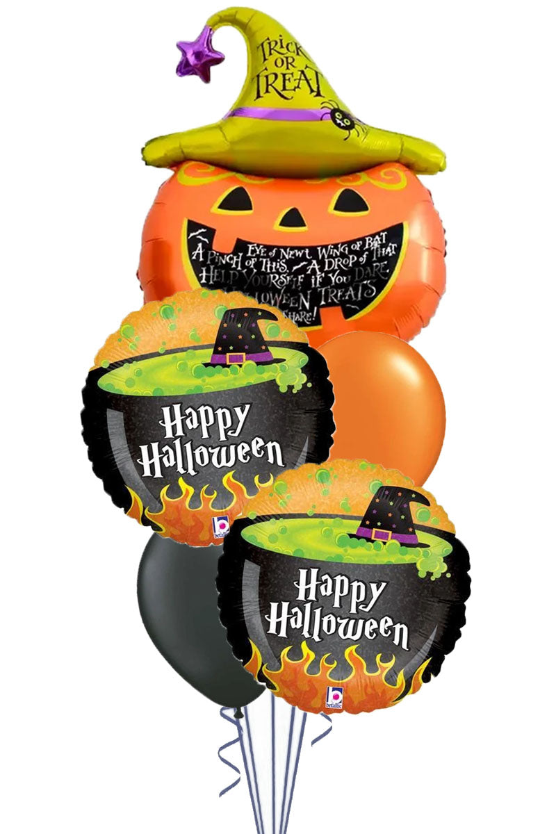 Halloween balloon bouquet with a pumpkin balloon in a Trick or Treat witch hat and two witch cauldron foil balloons printed Happy Halloween