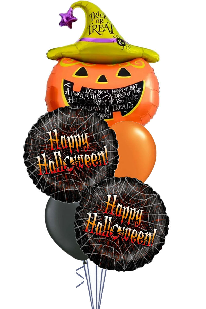 Halloween balloon bouquet with a pumpkin balloon in a Trick or Treat witch hat and two spiderweb foil balloons printed Happy Halloween