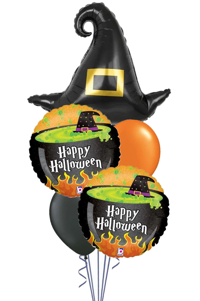 Halloween balloon bouquet with a black witch hat balloon and two witch cauldron foil balloons printed Happy Halloween