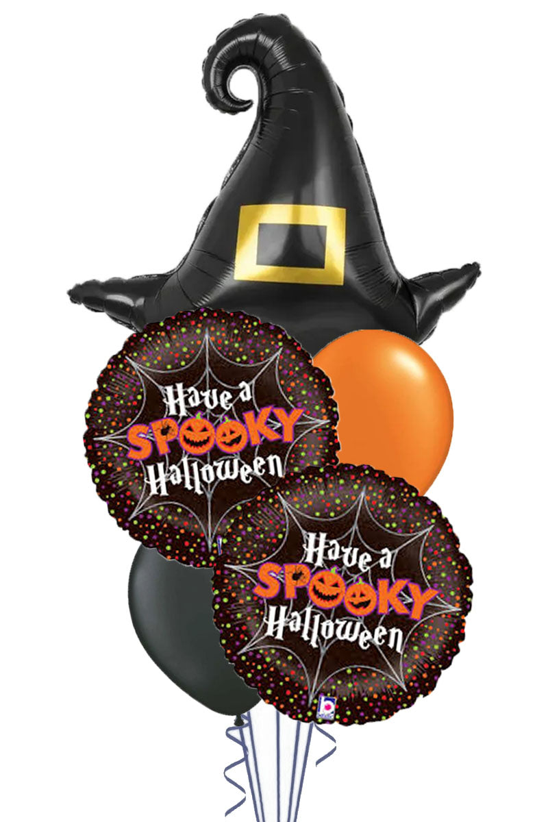 Halloween balloon bouquet with a black witch hat balloon and two foil balloons printed Have a Spooky Halloween