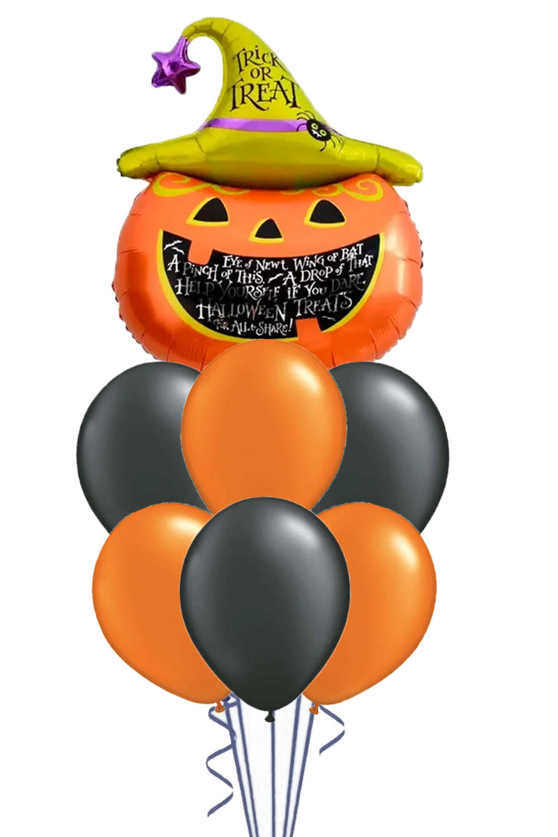 Halloween balloon bouquet with a pumpkin balloon in a Trick or Treat witch hat above six orange and black latex balloons