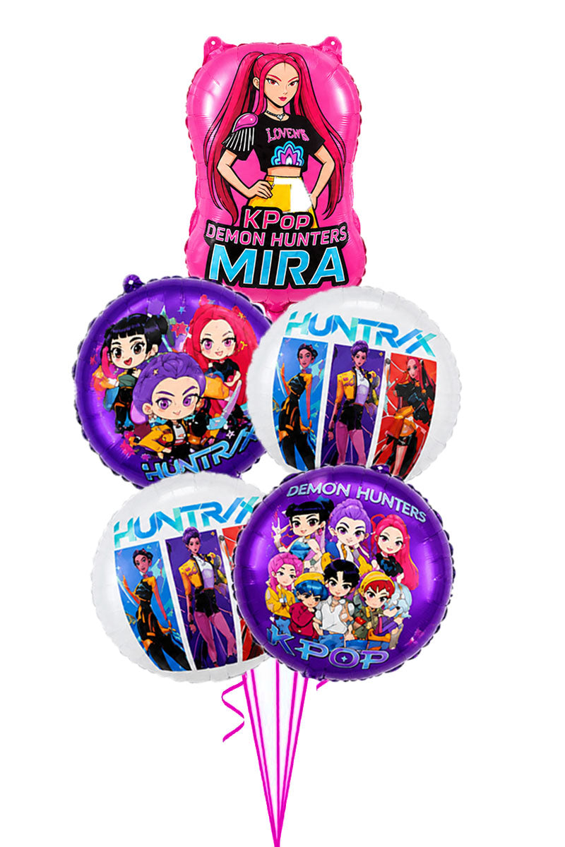 KPop Demon Hunters balloon bouquet with a pink Mira character balloon and Huntrix and group foil balloons