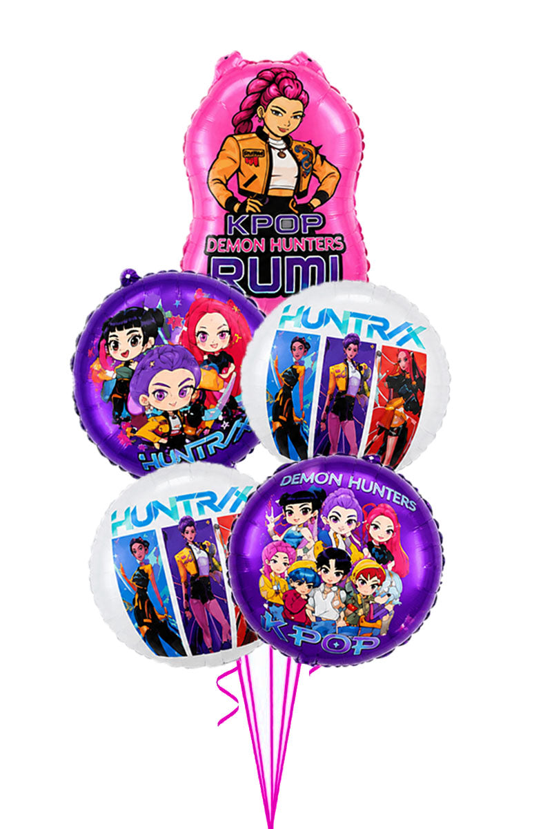 KPop Demon Hunters balloon bouquet with a pink Rumi character balloon and Huntrix and group foil balloons