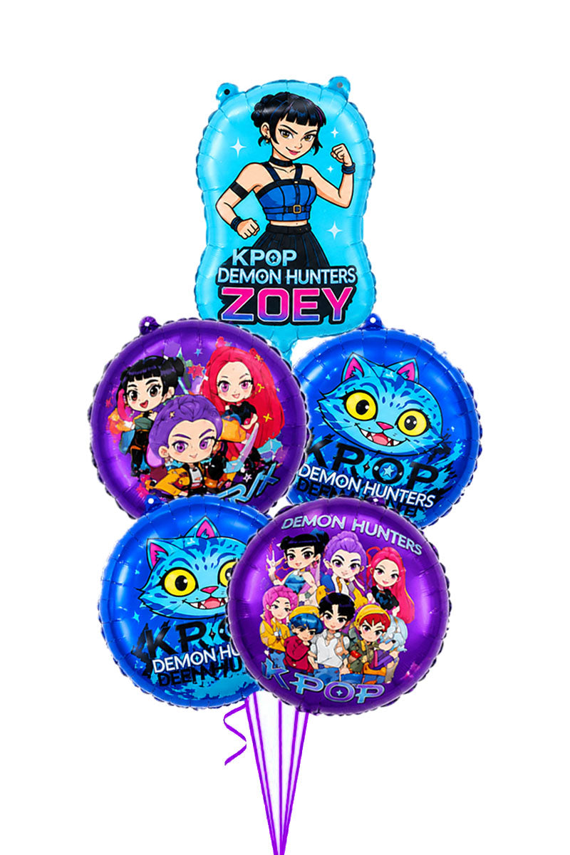 KPop Demon Hunters balloon bouquet with a blue Zoey character balloon and Derpy cat and group foil balloons
