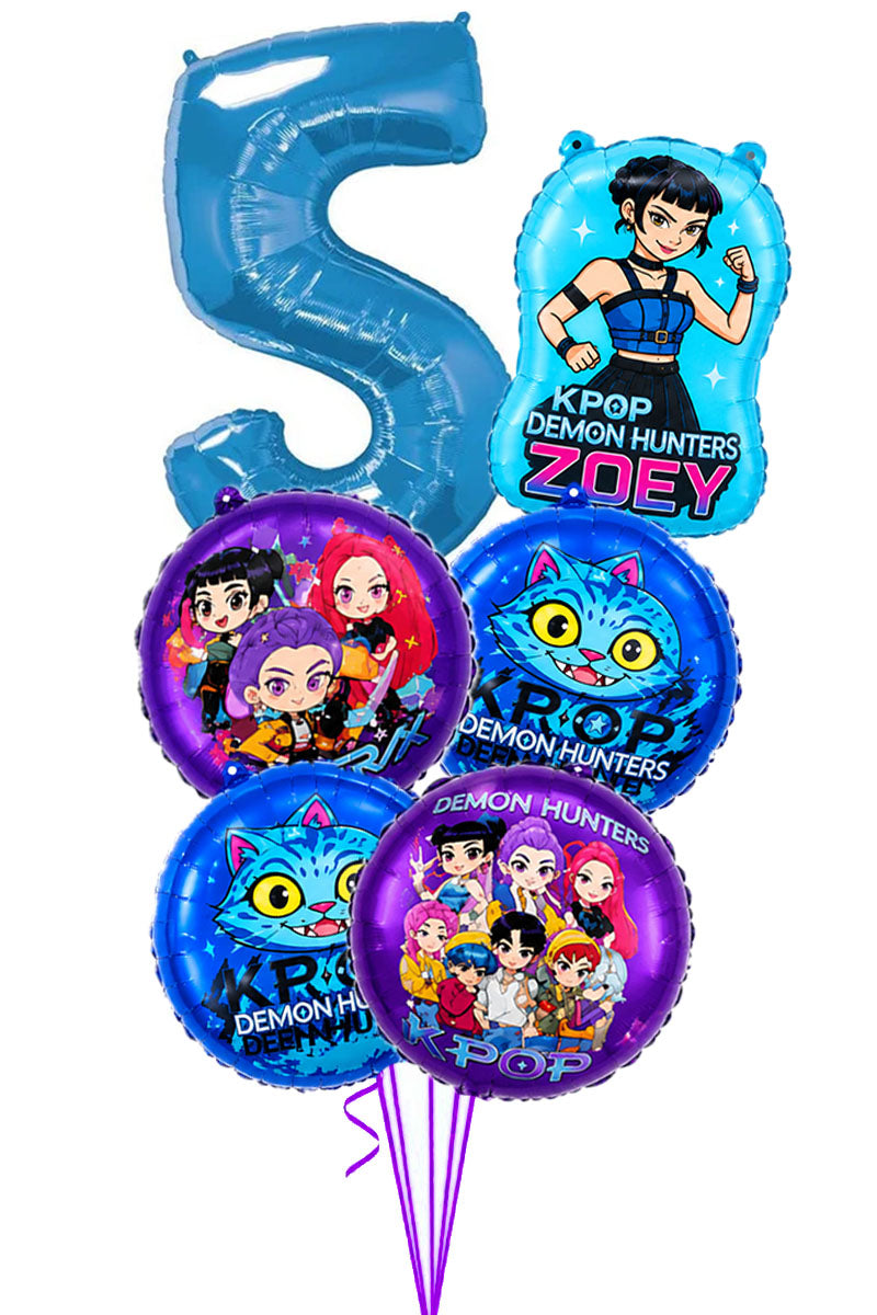 KPop Demon Hunters birthday balloon bouquet with a blue number balloon, a Zoey character balloon and Derpy cat and group foil balloons