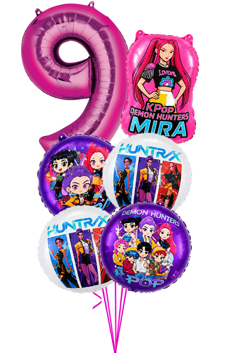KPop Demon Hunters birthday balloon bouquet with a pink number balloon, a Mira character balloon and Huntrix and group foil balloons