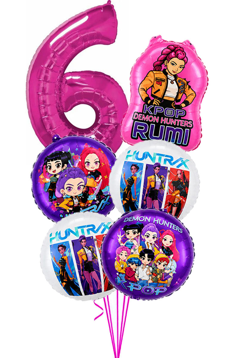 KPop Demon Hunters birthday balloon bouquet with a pink number balloon, a Rumi character balloon and Huntrix and group foil balloons