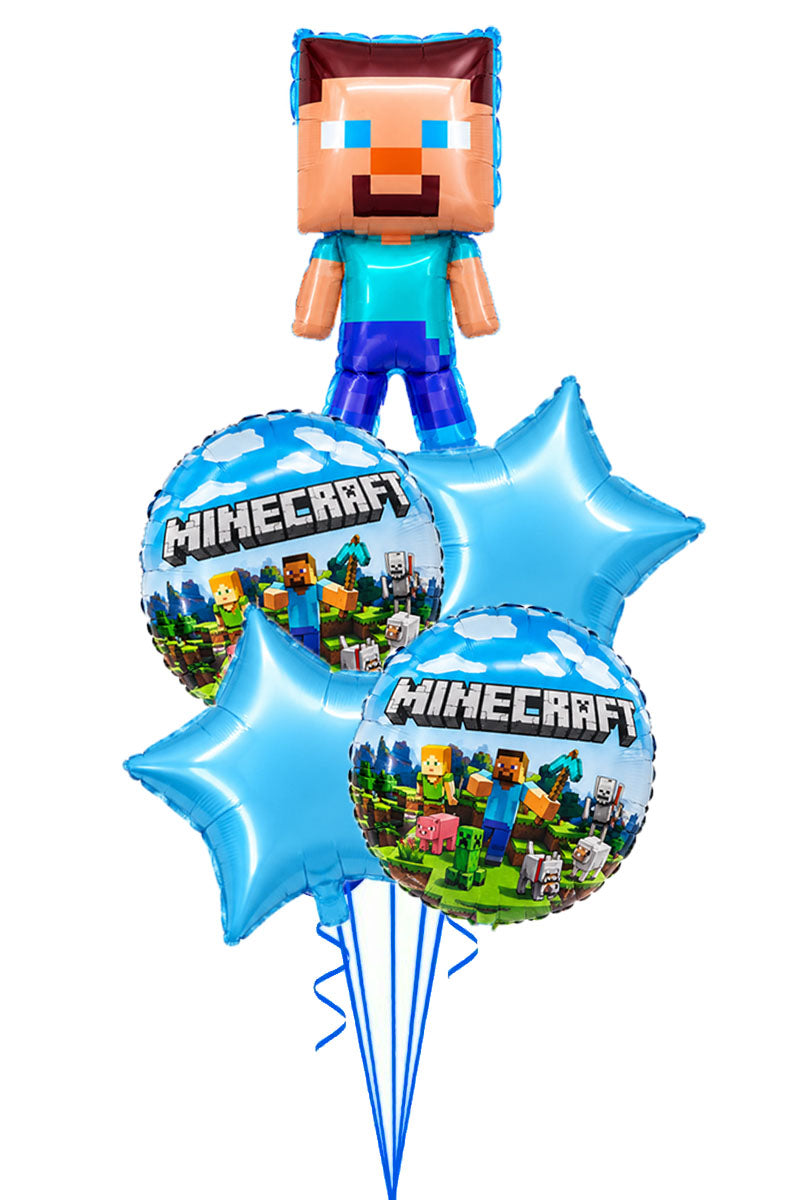 Minecraft balloon bouquet with a Steve character balloon, two Minecraft scene foil balloons and two blue star balloons