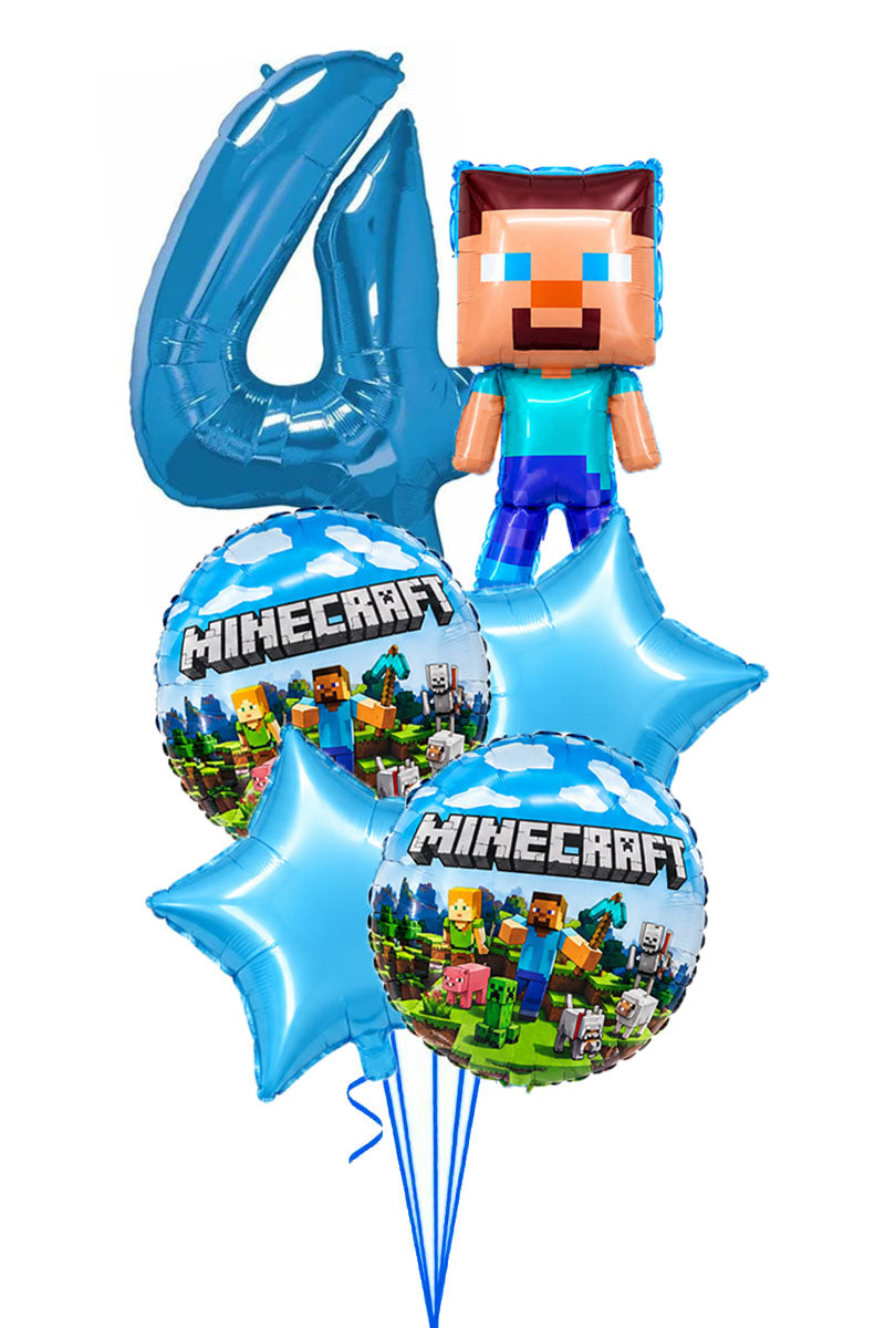 Minecraft birthday balloon bouquet with a blue number balloon, a Steve character balloon, Minecraft scene foils and blue star balloons