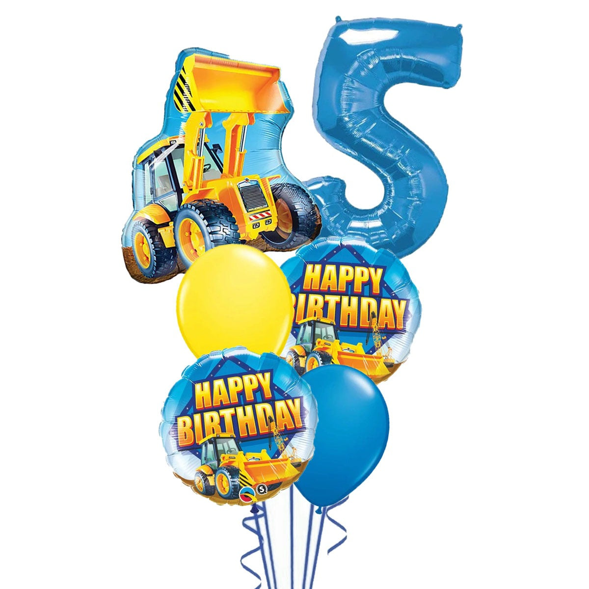Construction digger Happy Birthday foil and latex balloon bouquet with a blue number 5