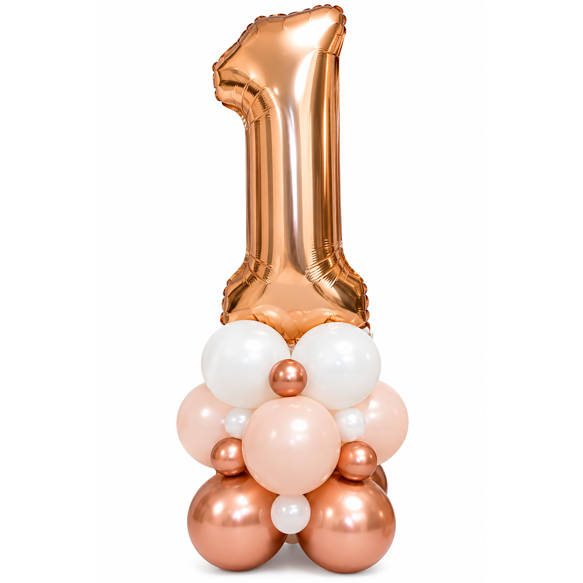 Rose gold foil number 1 balloon on a white, blush and chrome rose gold balloon cluster
