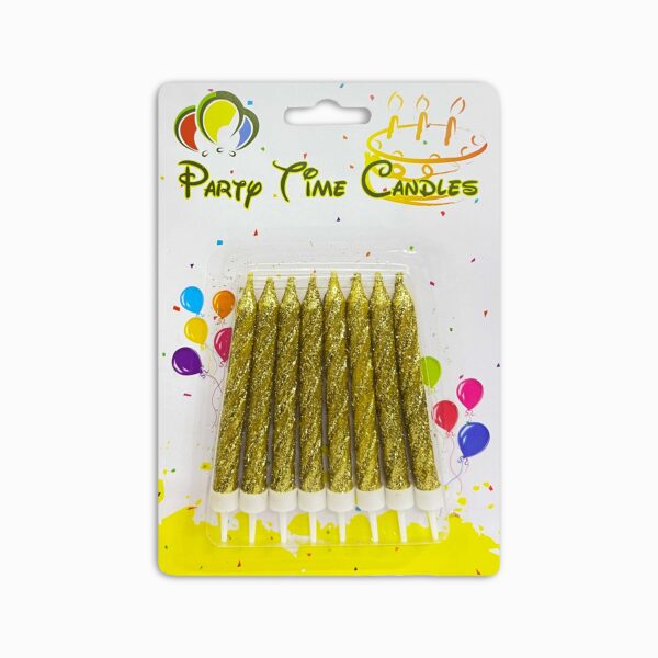Eight gold glitter spiral birthday candles