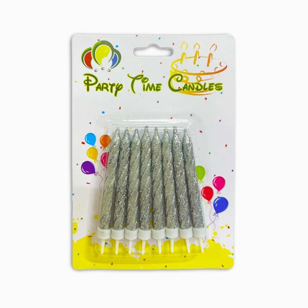 Eight silver glitter spiral birthday candles