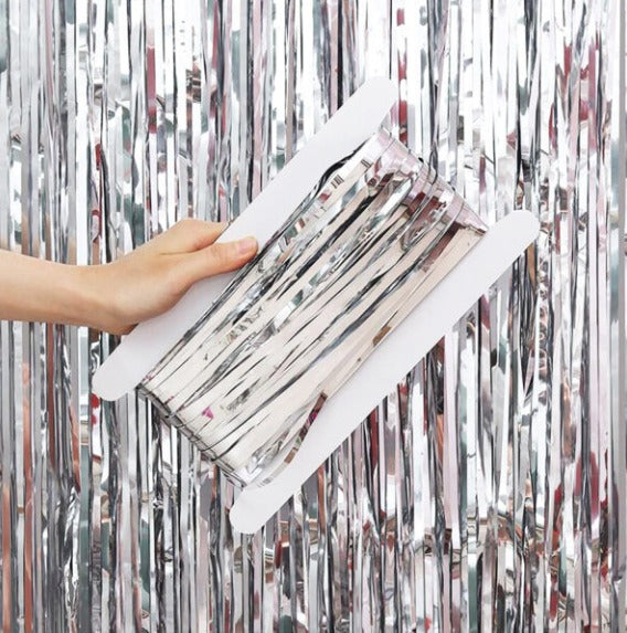 Silver foil fringe curtain
