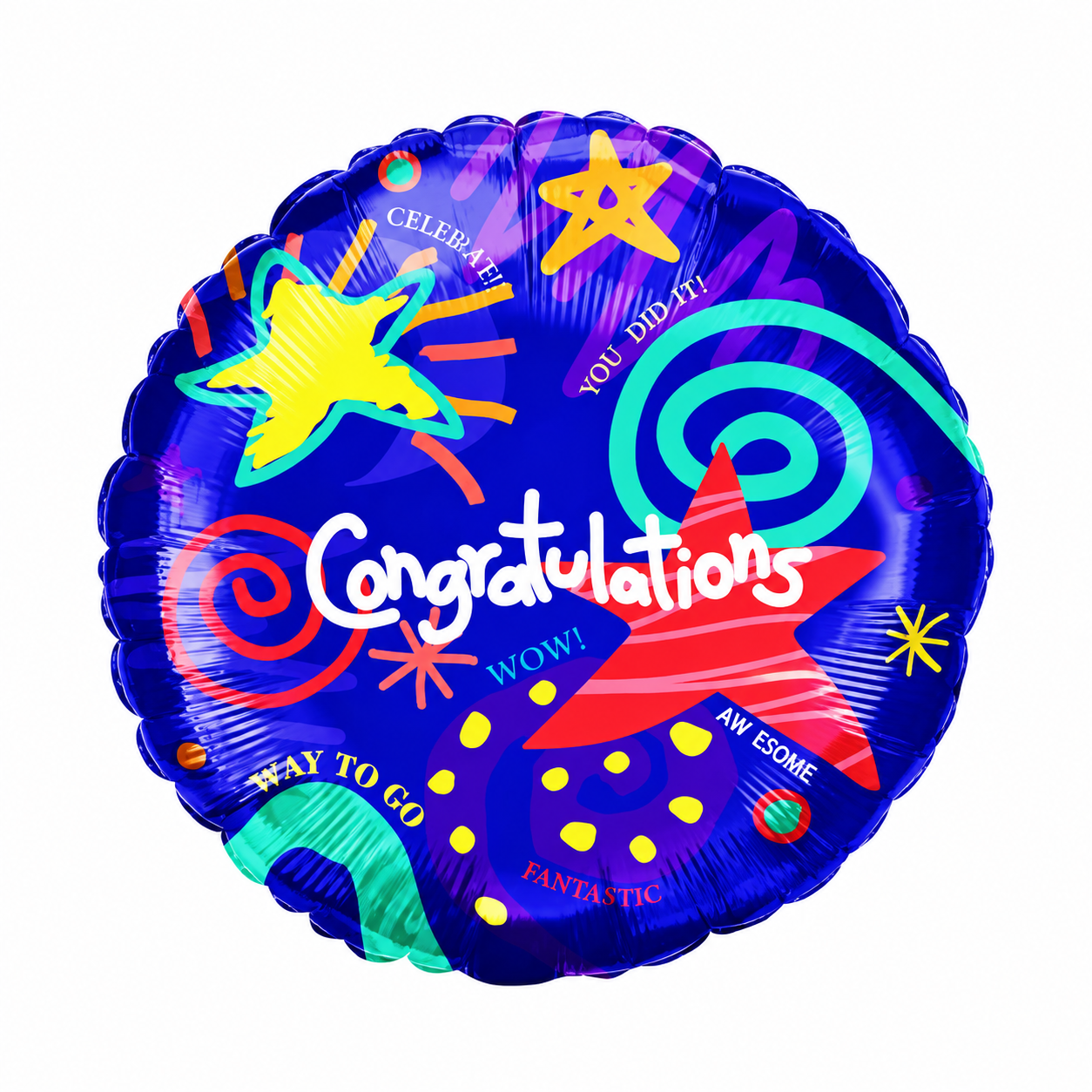 Navy round foil balloon with Congratulations script text and doodle stars