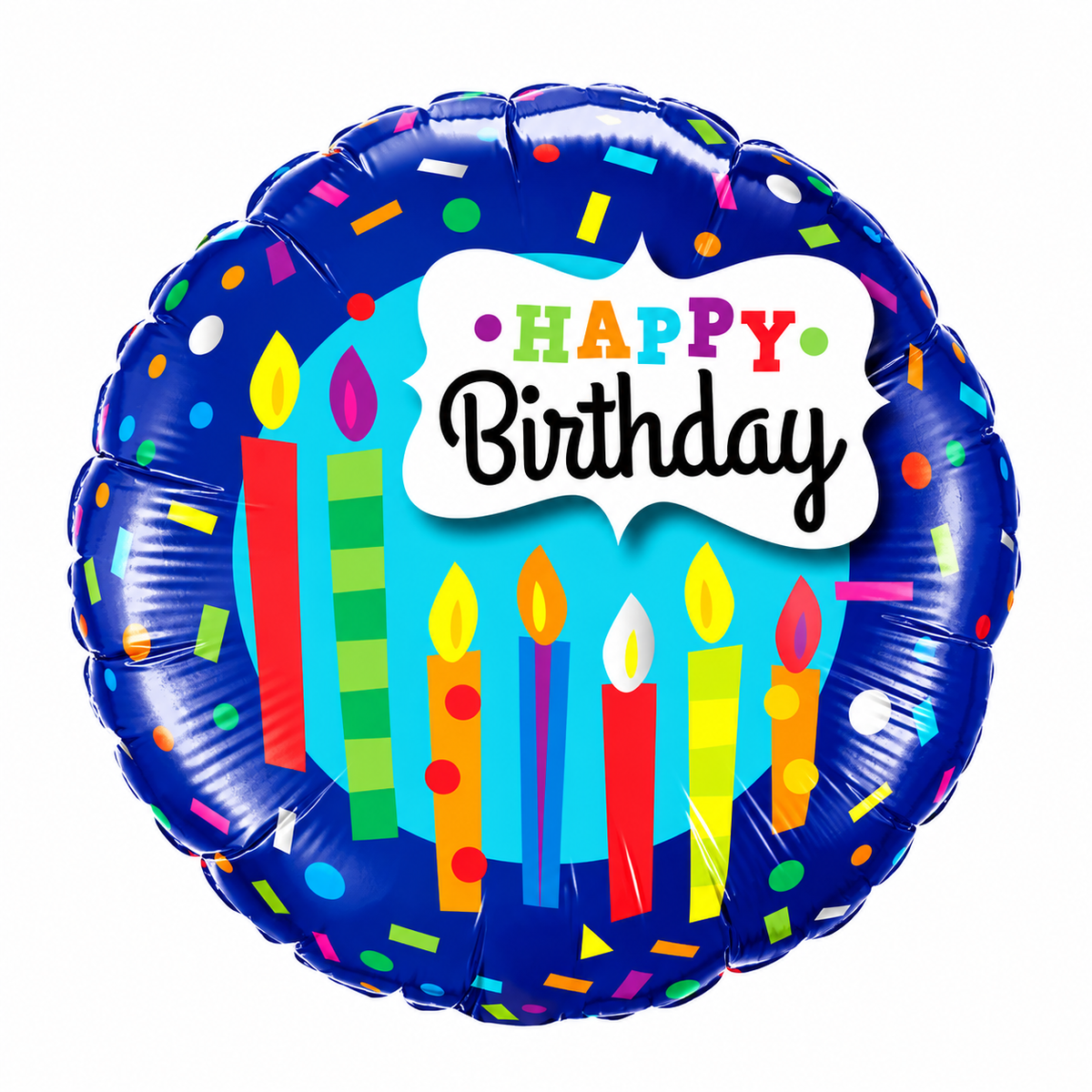 Navy round foil balloon with Happy Birthday speech bubble and birthday candles