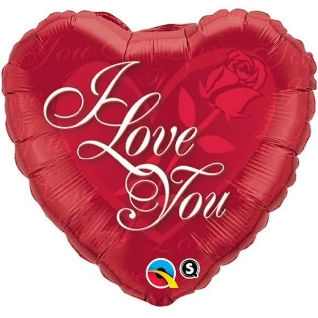 Red heart shaped I Love You foil balloon with rose print