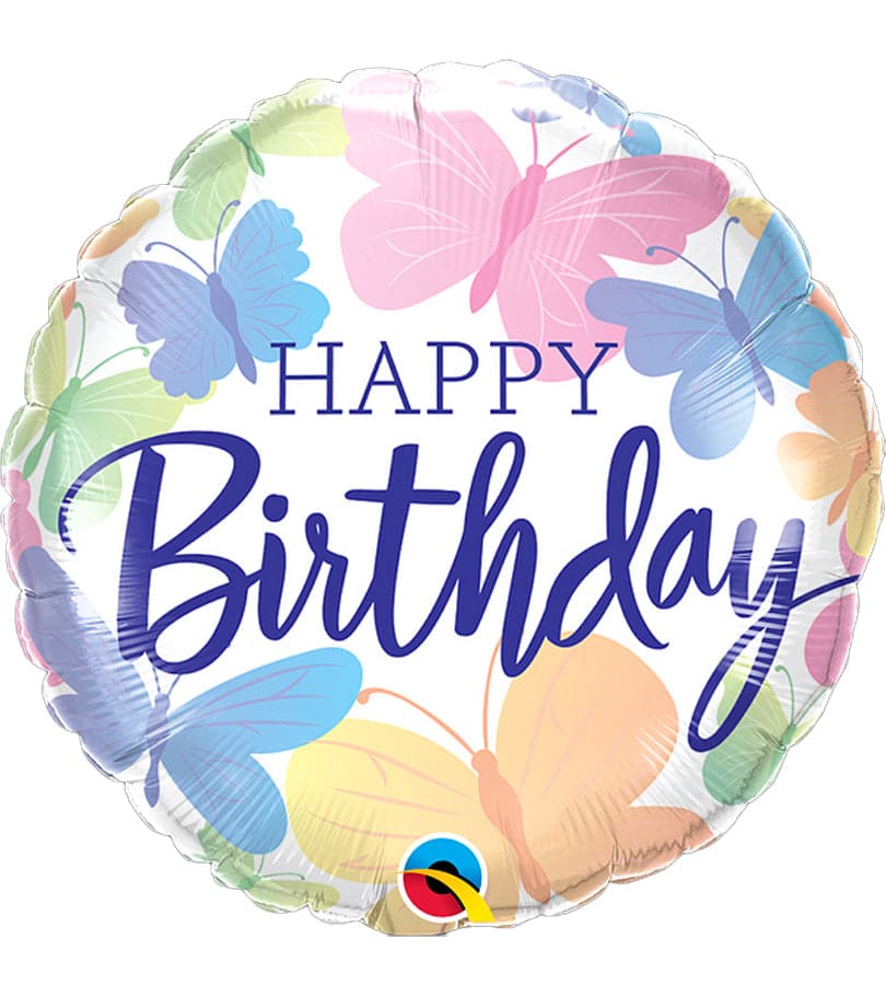 White Happy Birthday round foil balloon with pastel butterfly print