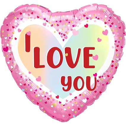 Pink heart shaped I Love You foil balloon with confetti hearts