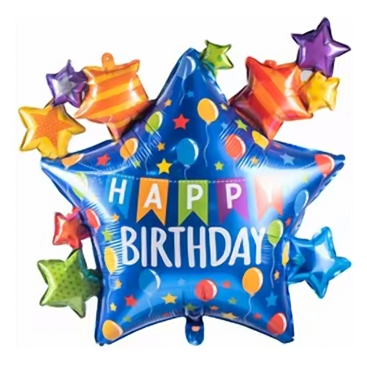 Blue star shaped supershape foil balloon surrounded by smaller colourful stars with Happy Birthday lettering
