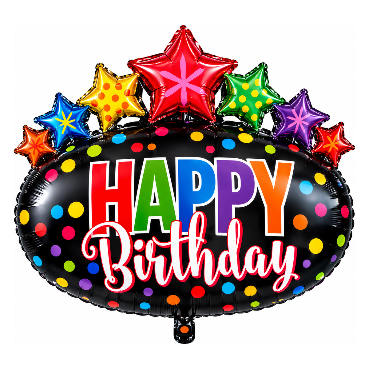 Black oval supershape foil balloon surrounded by colourful stars with Happy Birthday lettering
