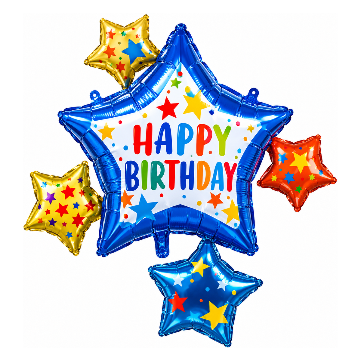 Blue star shaped supershape foil balloon surrounded by gold and orange stars with Happy Birthday lettering