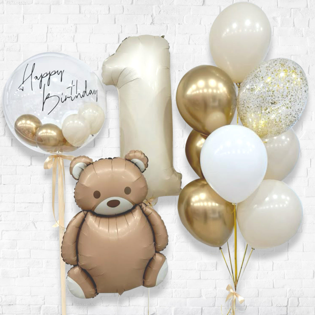 Teddy Single Number & Custom Bubble Aesthetic Balloon Bouquet Set