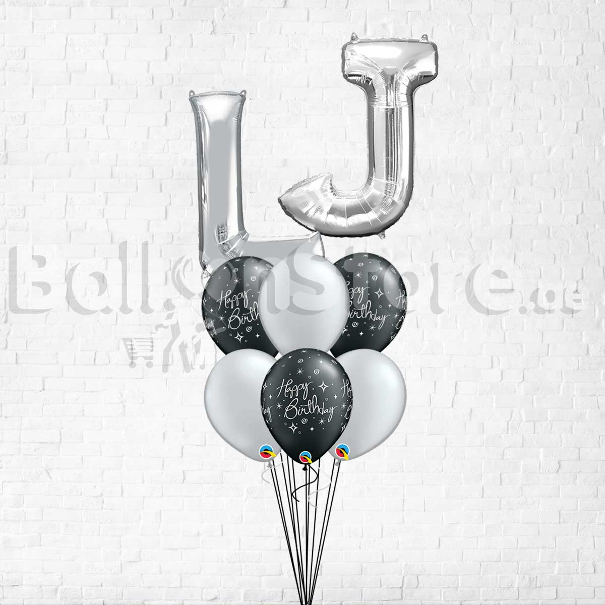 Any Two Letter Black Bday Sparkles Silver Balloon Bouquet With Weight