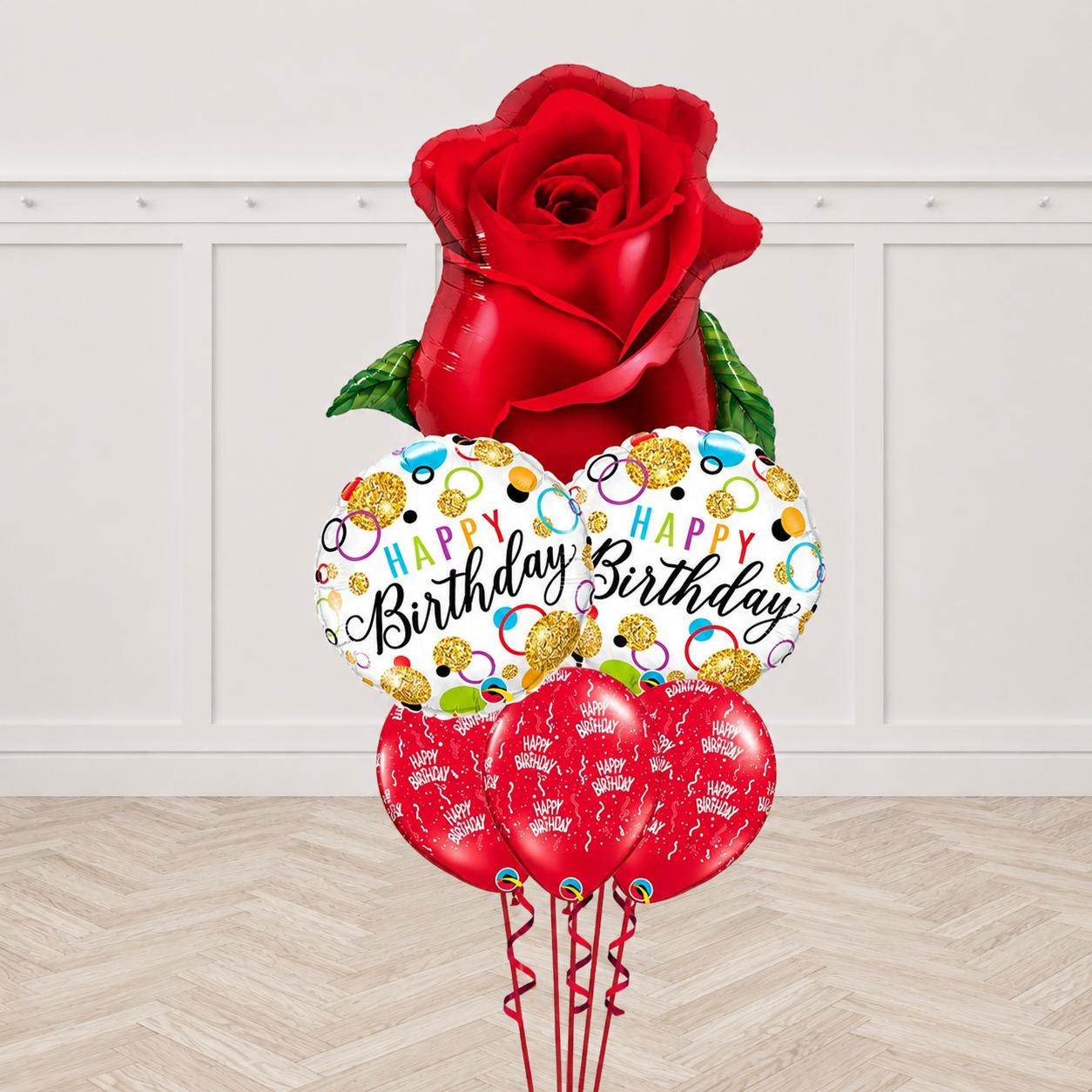 Red Rose Bud Happy Birthday Balloon Bouquet with Weight