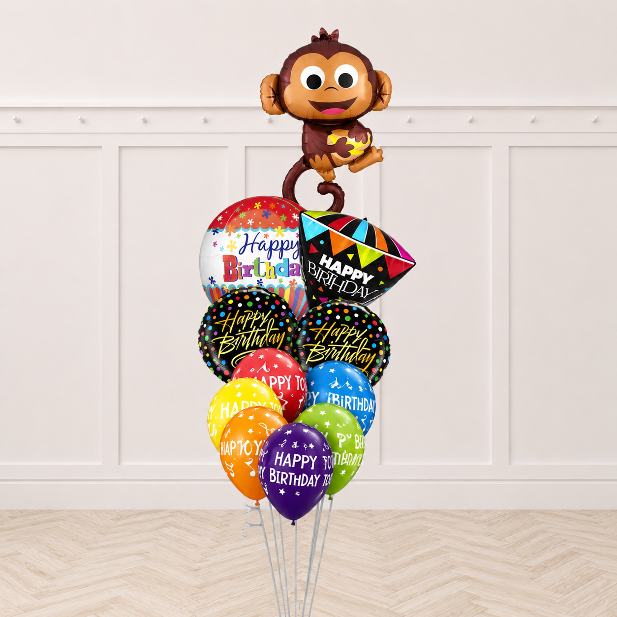 Happy Monkey HBD Orbz Confetti Party Time Balloon Bouquet Jungle Safari