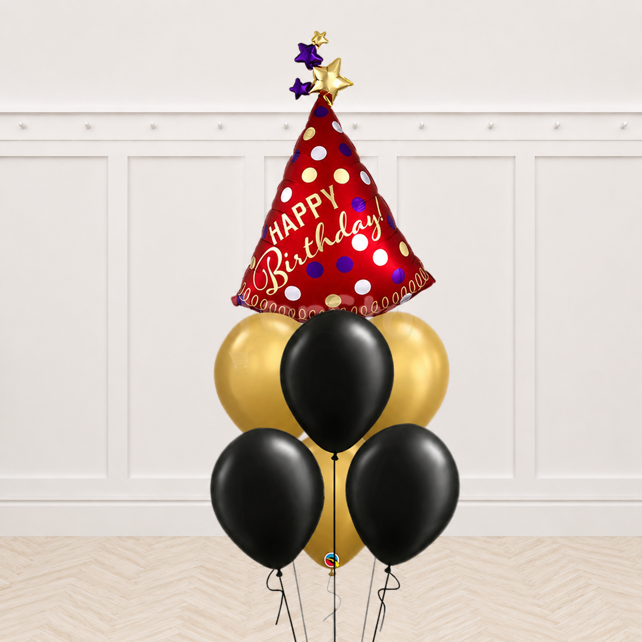Red Satin Party Hat Black Blast Wrap Chrome Balloon Bouquet