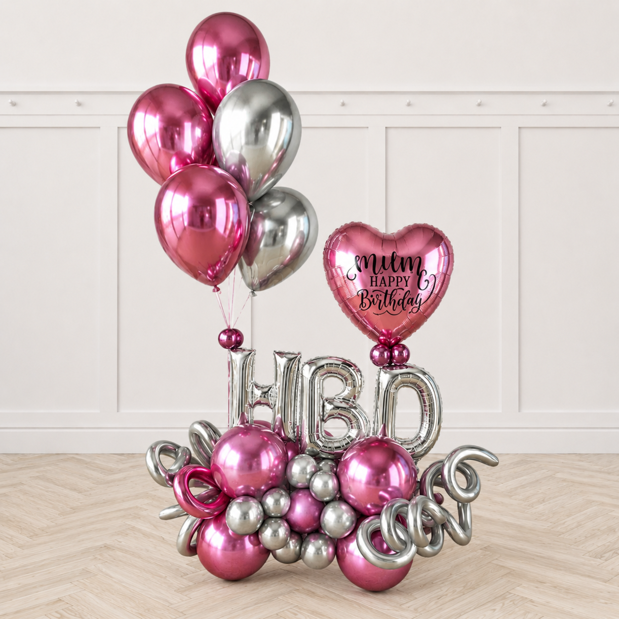 Chrome Mauve Silver with Custom Text Classic Birthday Balloon Arrangement PRE-ORDER 1DAY In Advance