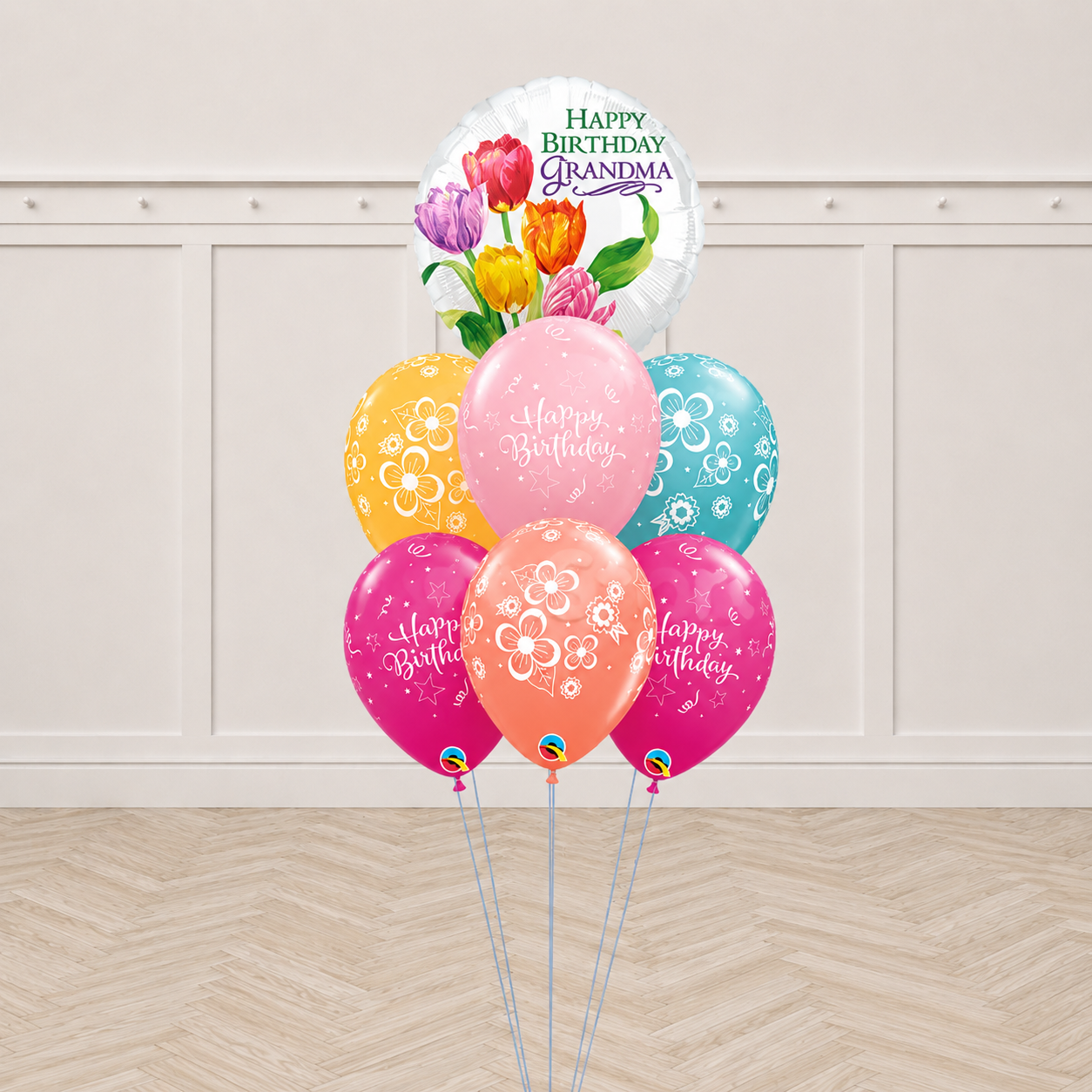 Happy Birthday Grandma Pink Sparkling Floral Blossom Balloon Bouquet
