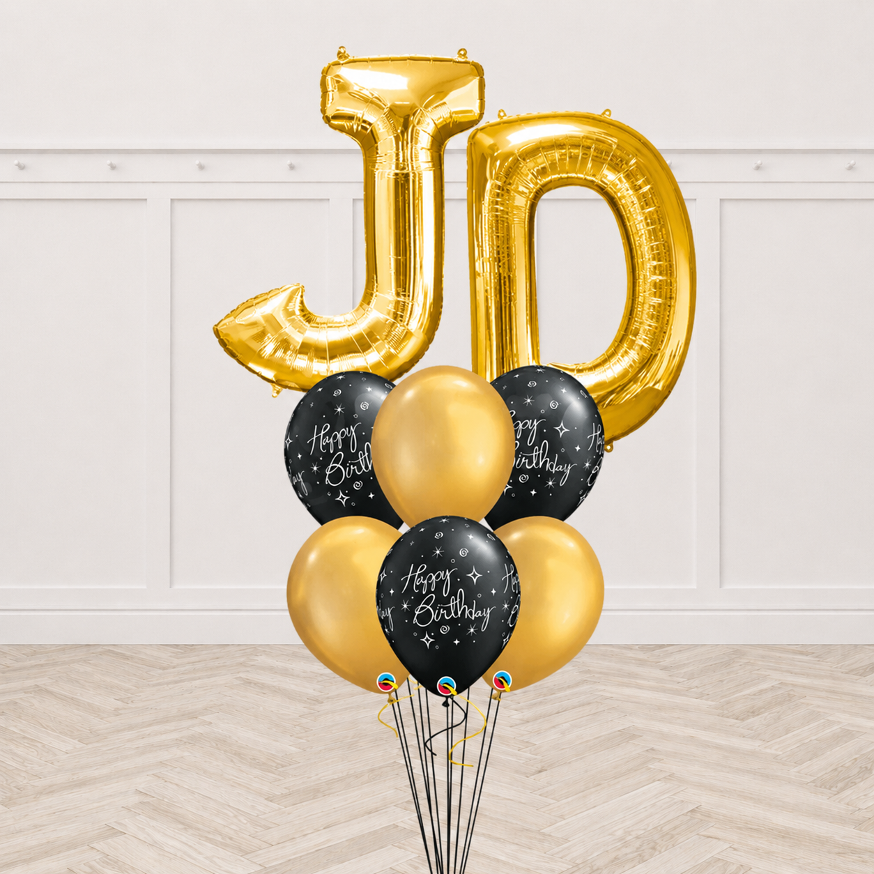 Any Two Letter Black Birthday Gold Balloon Bouquet